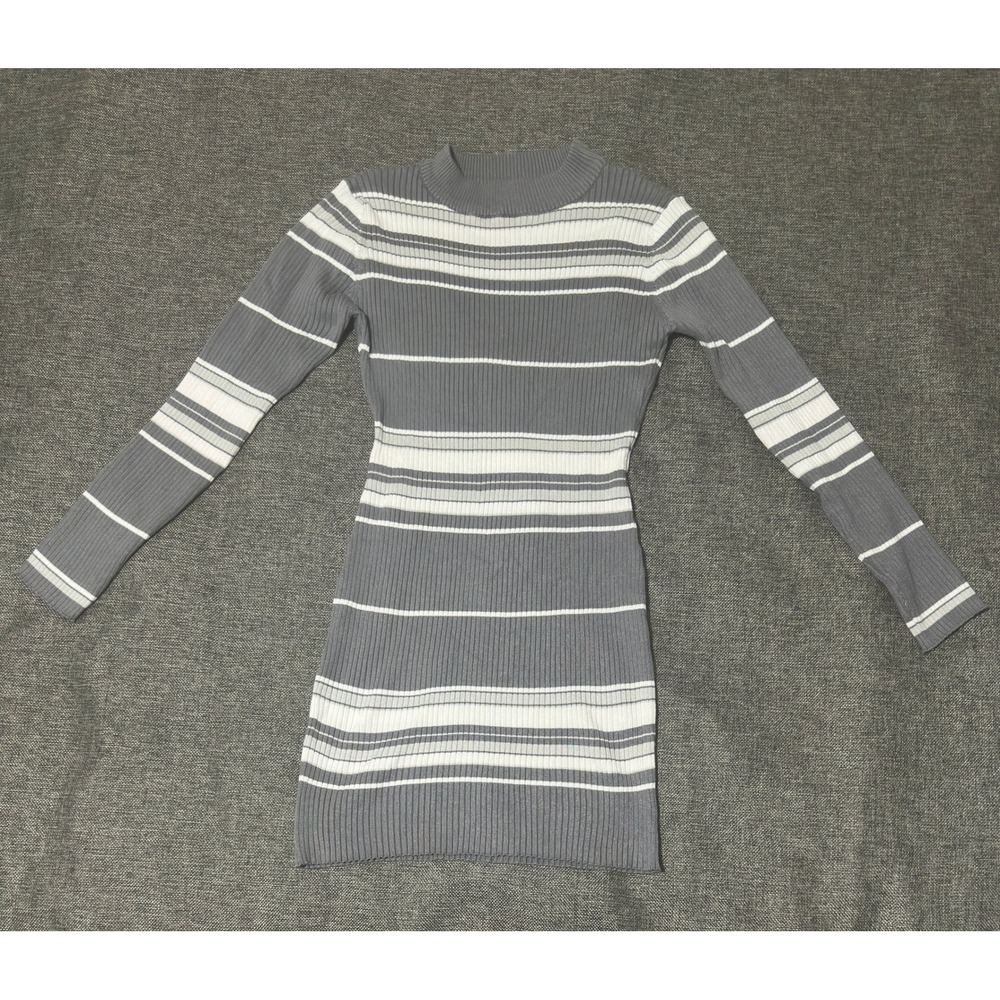 Say What Women XL Mini Dress Gray White Striped Ribbed Long Sleeve Mock Neck